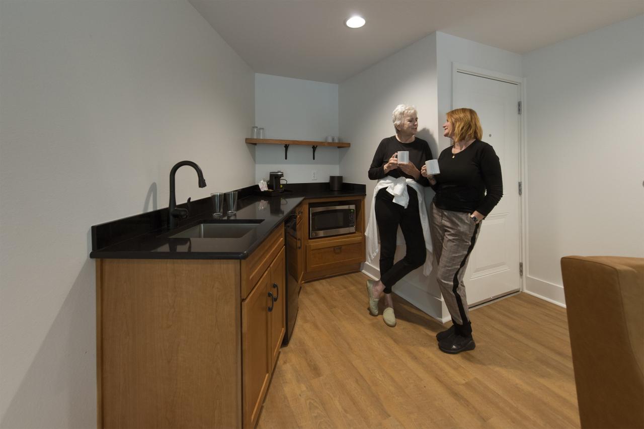 A view two people hanging out near the kitchenette area in the King Deluxe Suite including a microwave, mini-fridge and sink area at the Ozark Folk Center State Park